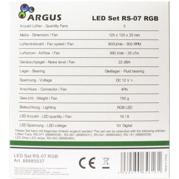 Gehäuse-Lüfter Argus RGB-Fan Set RS-07 mit Kristall-Effekt - 3x 120mm - 4PIN Molex